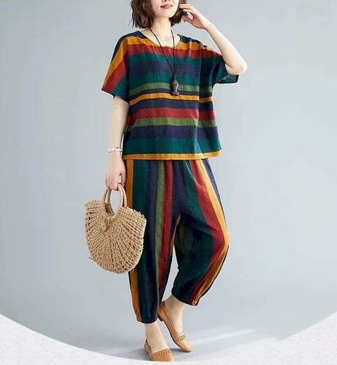 New Fashion Loose Retro Striped Short-sleeved 2 Piece Set CODE: KAR4616