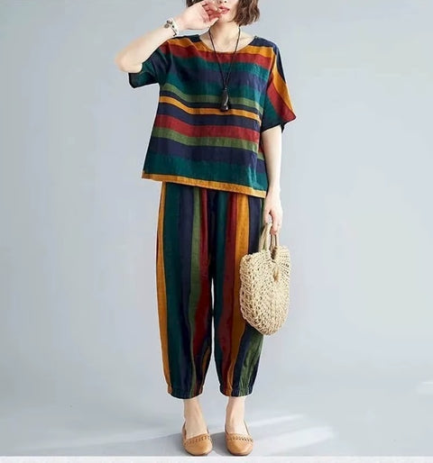New Fashion Loose Retro Striped Short-sleeved 2 Piece Set CODE: KAR4616