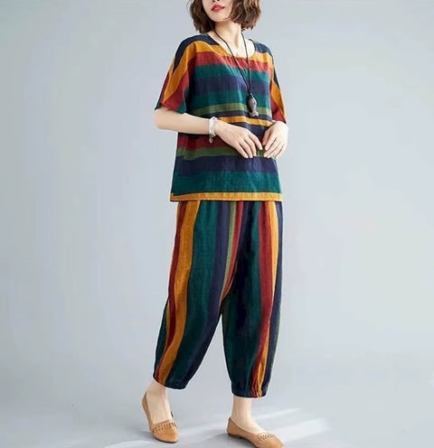 New Fashion Loose Retro Striped Short-sleeved 2 Piece Set CODE: KAR4616