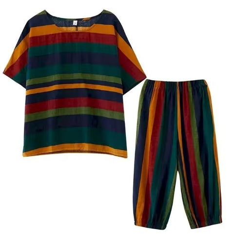 New Fashion Loose Retro Striped Short-sleeved 2 Piece Set CODE: KAR4616