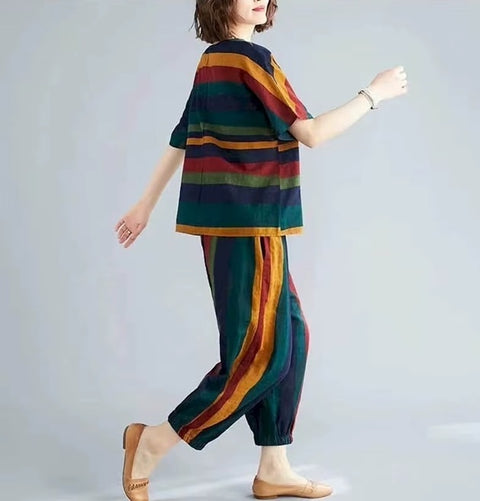 New Fashion Loose Retro Striped Short-sleeved 2 Piece Set CODE: KAR4616