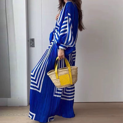 New Fashion Striped Print Shirt and Straight-Cut Wide-Leg Pant Set CODE: KAR4618