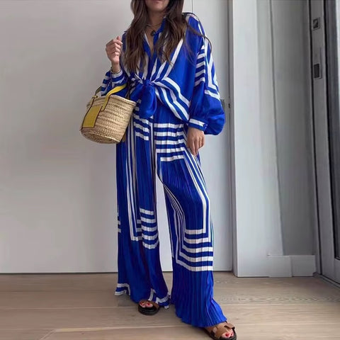New Fashion Striped Print Shirt and Straight-Cut Wide-Leg Pant Set CODE: KAR4618