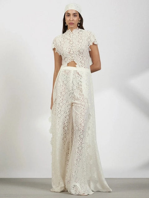 New Fashion Lace Cutout Cardigan & Wide-Leg Pants Two Piece Set CODE: KAR4623
