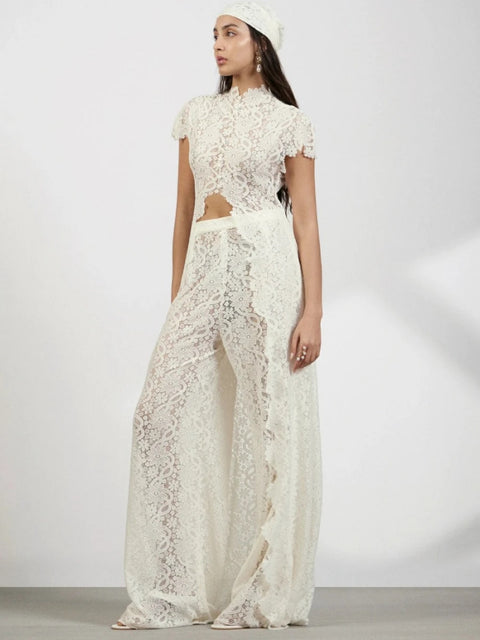 New Fashion Lace Cutout Cardigan & Wide-Leg Pants Two Piece Set CODE: KAR4623