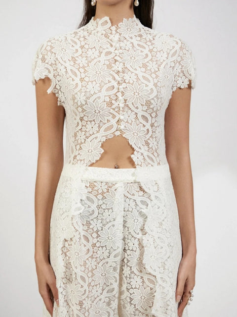 New Fashion Lace Cutout Cardigan & Wide-Leg Pants Two Piece Set CODE: KAR4623