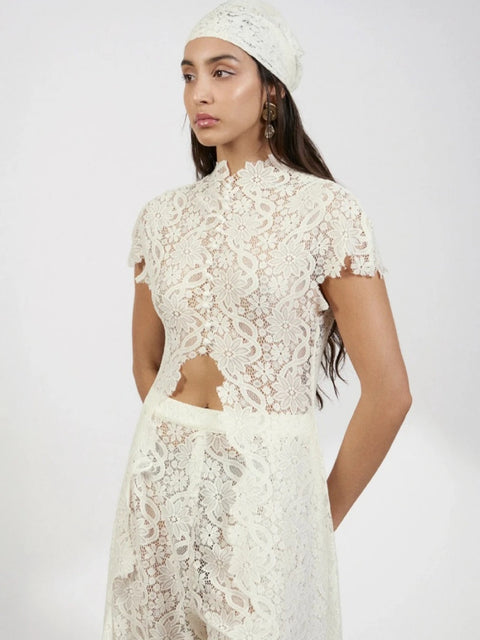 New Fashion Lace Cutout Cardigan & Wide-Leg Pants Two Piece Set CODE: KAR4623