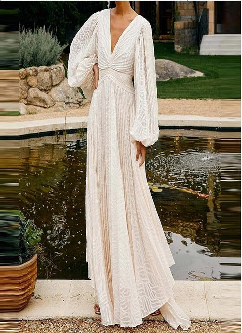 New Fashion Elegant V-neck Jacquard Swing Long Dress CODE: KAR4625