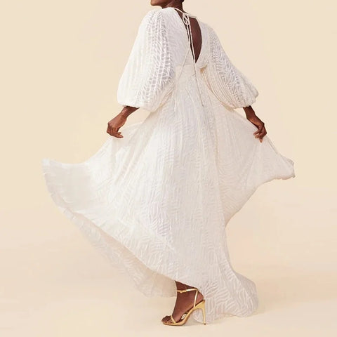 New Fashion Elegant V-neck Jacquard Swing Long Dress CODE: KAR4625