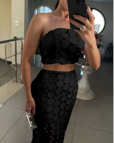 New Bandeau Sleeveless Crop Top & High Waist Casual Skirt Set CODE: KAR4630