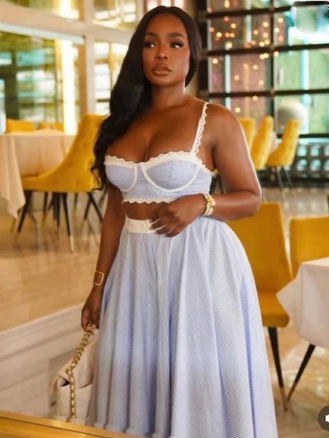 New Elegant Lace Contrast Stripes Camisole &Skirt Two-Piece Sets CODE: KAR4639