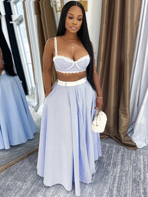 New Elegant Lace Contrast Stripes Camisole &Skirt Two-Piece Sets CODE: KAR4639
