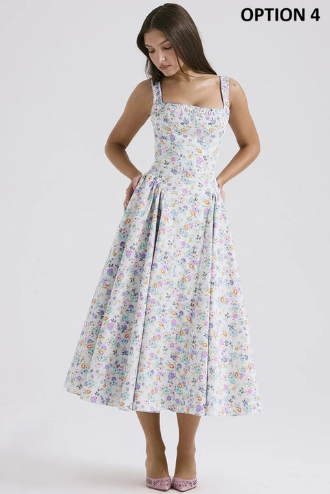 New Flower Print Spaghetti Strap Sexy Backless Midi Dress CODE: KAR4640