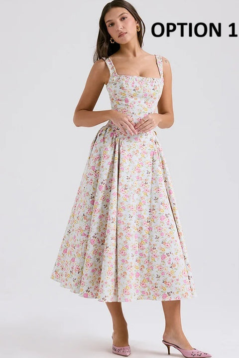 New Flower Print Spaghetti Strap Sexy Backless Midi Dress CODE: KAR4640