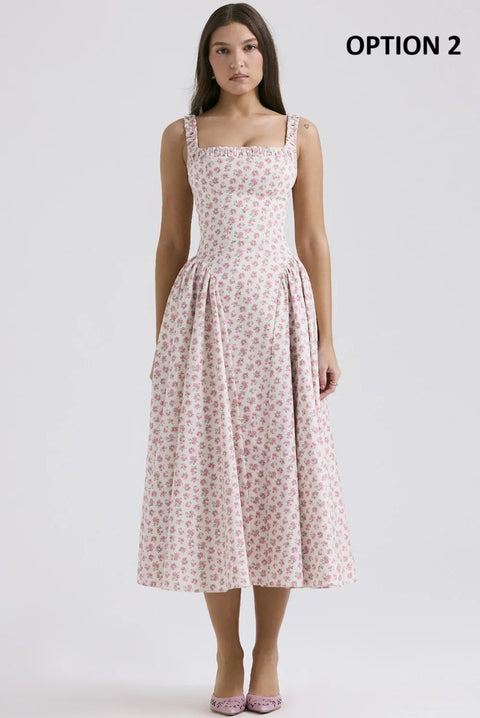 New Flower Print Spaghetti Strap Sexy Backless Midi Dress CODE: KAR4640