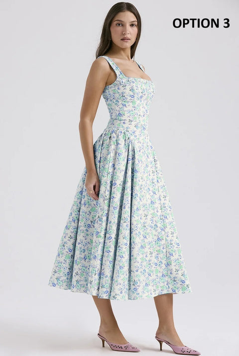 New Flower Print Spaghetti Strap Sexy Backless Midi Dress CODE: KAR4640