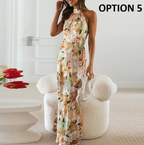 New Sexy Hanging Neck Print Slim Long Dress CODE: KAR4642