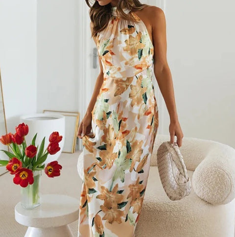 New Sexy Hanging Neck Print Slim Long Dress CODE: KAR4642
