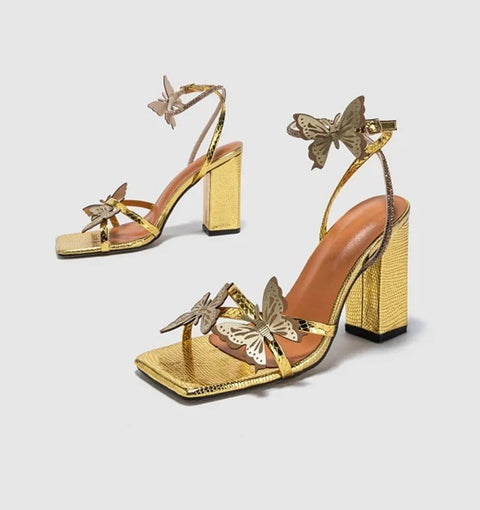 New Butterfly Square Toe Buckle Cross Strap Thick High Heels CODE: KAR4662