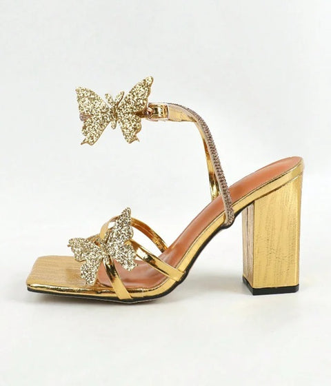 New Butterfly Square Toe Buckle Cross Strap Thick High Heels CODE: KAR4662