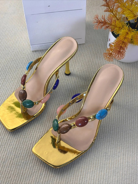 New Fashion Bohemian Gemstone Decorated Strap High-heel  Sandals CODE: KAR4664