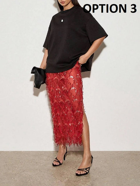 New Fashion Elegant Tassel Sequin Spring Long Skirt CODE: KAR4682