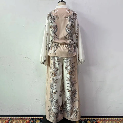 New Printed Stand-up Collar Zipper Wide-leg Long Pant Set CODE: KAR4687