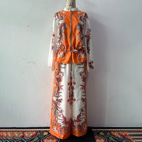 New Printed Stand-up Collar Zipper Wide-leg Long Pant Set CODE: KAR4687