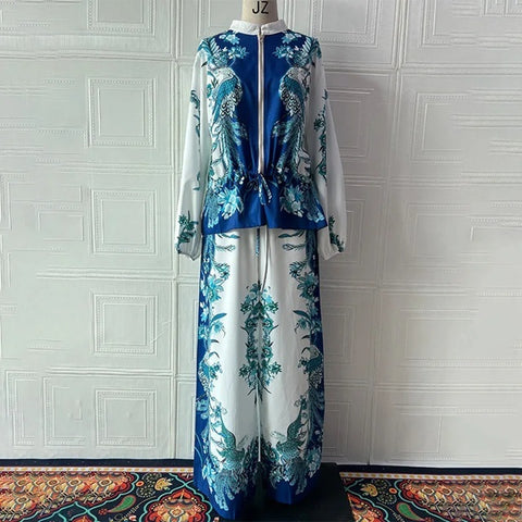 New Printed Stand-up Collar Zipper Wide-leg Long Pant Set CODE: KAR4687