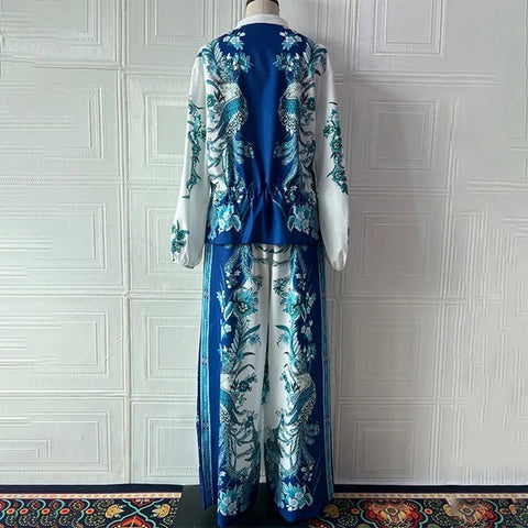 New Printed Stand-up Collar Zipper Wide-leg Long Pant Set CODE: KAR4687