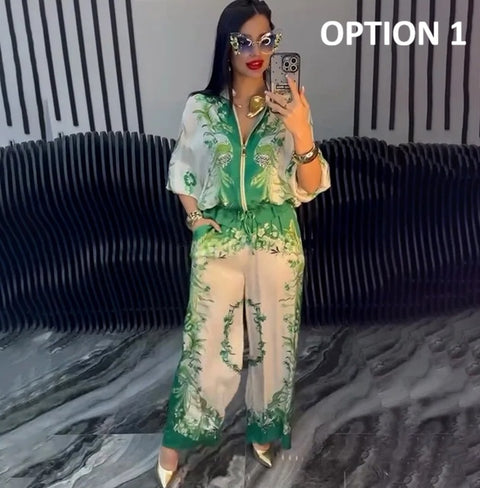 New Printed Stand-up Collar Zipper Wide-leg Long Pant Set CODE: KAR4687