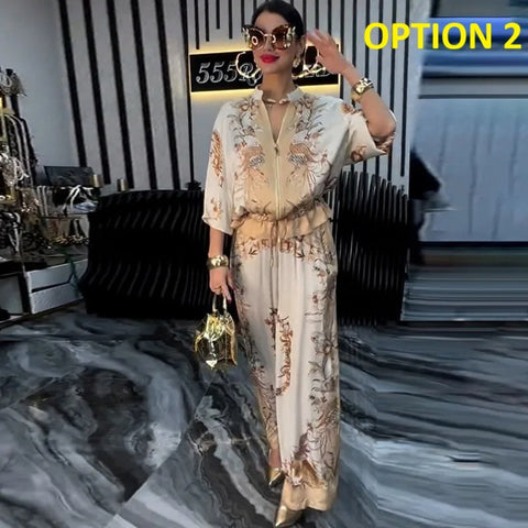 New Printed Stand-up Collar Zipper Wide-leg Long Pant Set CODE: KAR4687