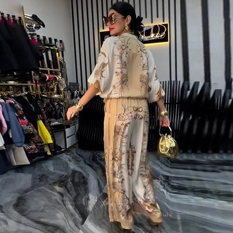 New Printed Stand-up Collar Zipper Wide-leg Long Pant Set CODE: KAR4687