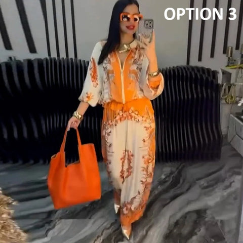 New Printed Stand-up Collar Zipper Wide-leg Long Pant Set CODE: KAR4687