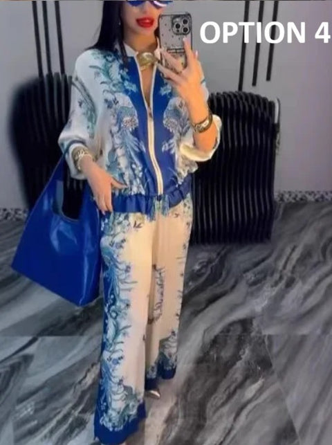 New Printed Stand-up Collar Zipper Wide-leg Long Pant Set CODE: KAR4687