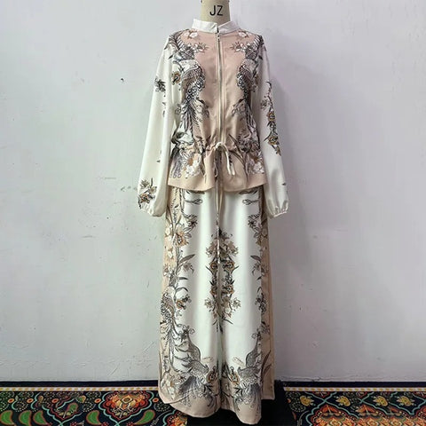 New Printed Stand-up Collar Zipper Wide-leg Long Pant Set CODE: KAR4687