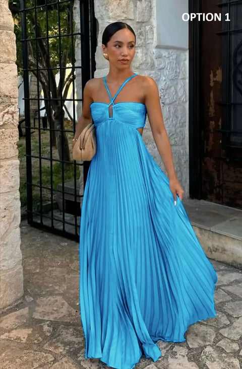 New Pleated Sleeveless Backless Lace-up Maxi Long Dress CODE: KAR4695