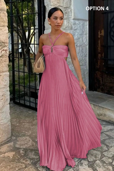 New Pleated Sleeveless Backless Lace-up Maxi Long Dress CODE: KAR4695
