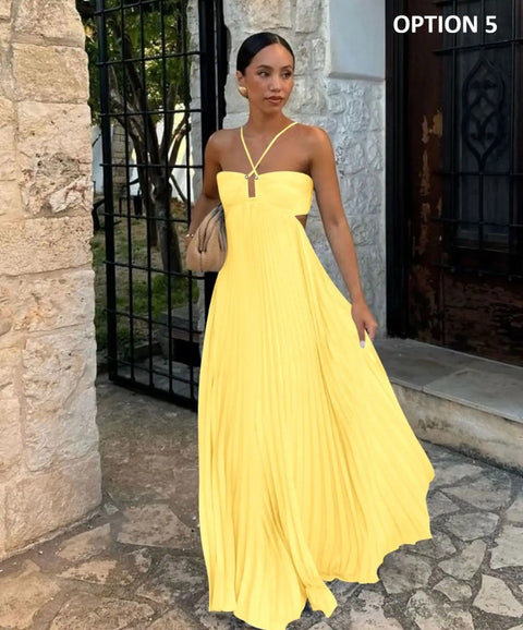 New Pleated Sleeveless Backless Lace-up Maxi Long Dress CODE: KAR4695