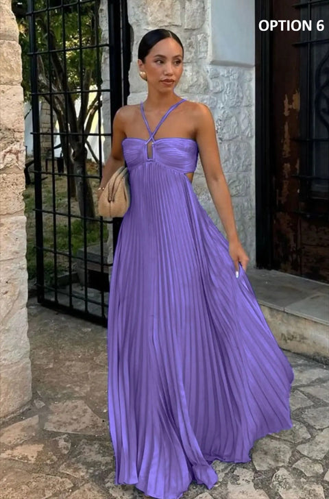 New Pleated Sleeveless Backless Lace-up Maxi Long Dress CODE: KAR4695