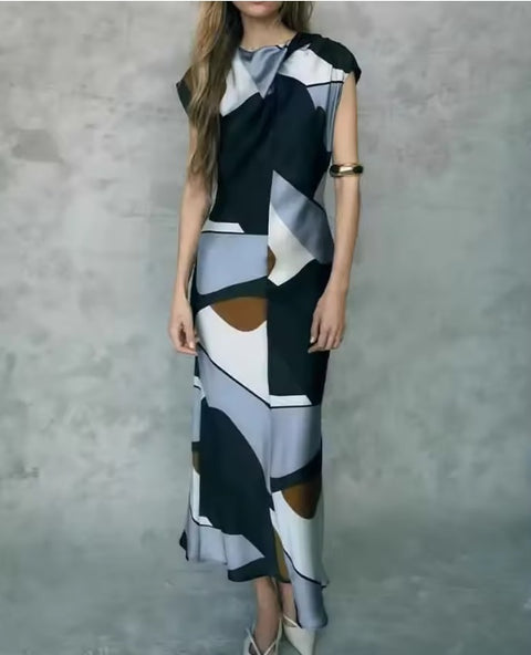 New Fashion Versatile Print Short-sleeved Long Midi Dress CODE: KAR4697