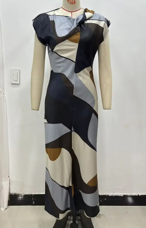 New Fashion Versatile Print Short-sleeved Long Midi Dress CODE: KAR4697