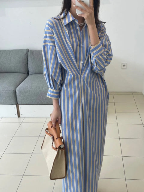 New Fashion Lapel Single Breasted Long Loose Shirt Dress CODE: KAR4703
