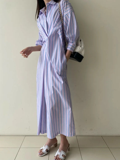 New Fashion Lapel Single Breasted Long Loose Shirt Dress CODE: KAR4703