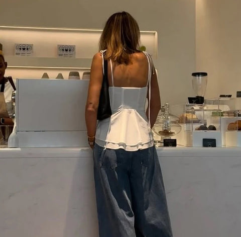 New Fashion Vest Solid Slim Off Shoulder Lace Up Pleated Backless Top CODE: KAR4704