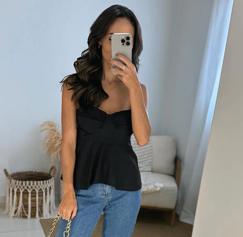 New Fashion Vest Solid Slim Off Shoulder Lace Up Pleated Backless Top CODE: KAR4704