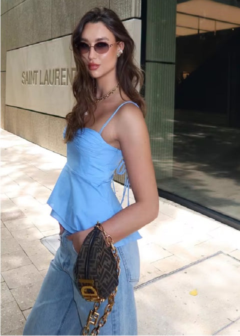 New Fashion Vest Solid Slim Off Shoulder Lace Up Pleated Backless Top CODE: KAR4704
