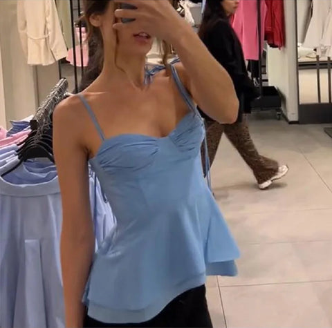 New Fashion Vest Solid Slim Off Shoulder Lace Up Pleated Backless Top CODE: KAR4704