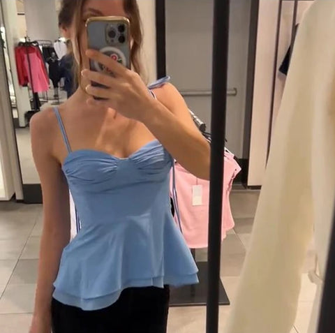 New Fashion Vest Solid Slim Off Shoulder Lace Up Pleated Backless Top CODE: KAR4704