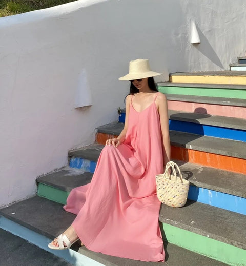 New Fashion Flowing Draped Linen Strap Dress CODE: KAR4707